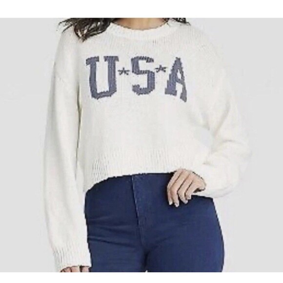 Grayson Threads Cream USA Graphic Knit Cropped Sweater Medium Cotton Blend NEW!! - Picture 1 of 3